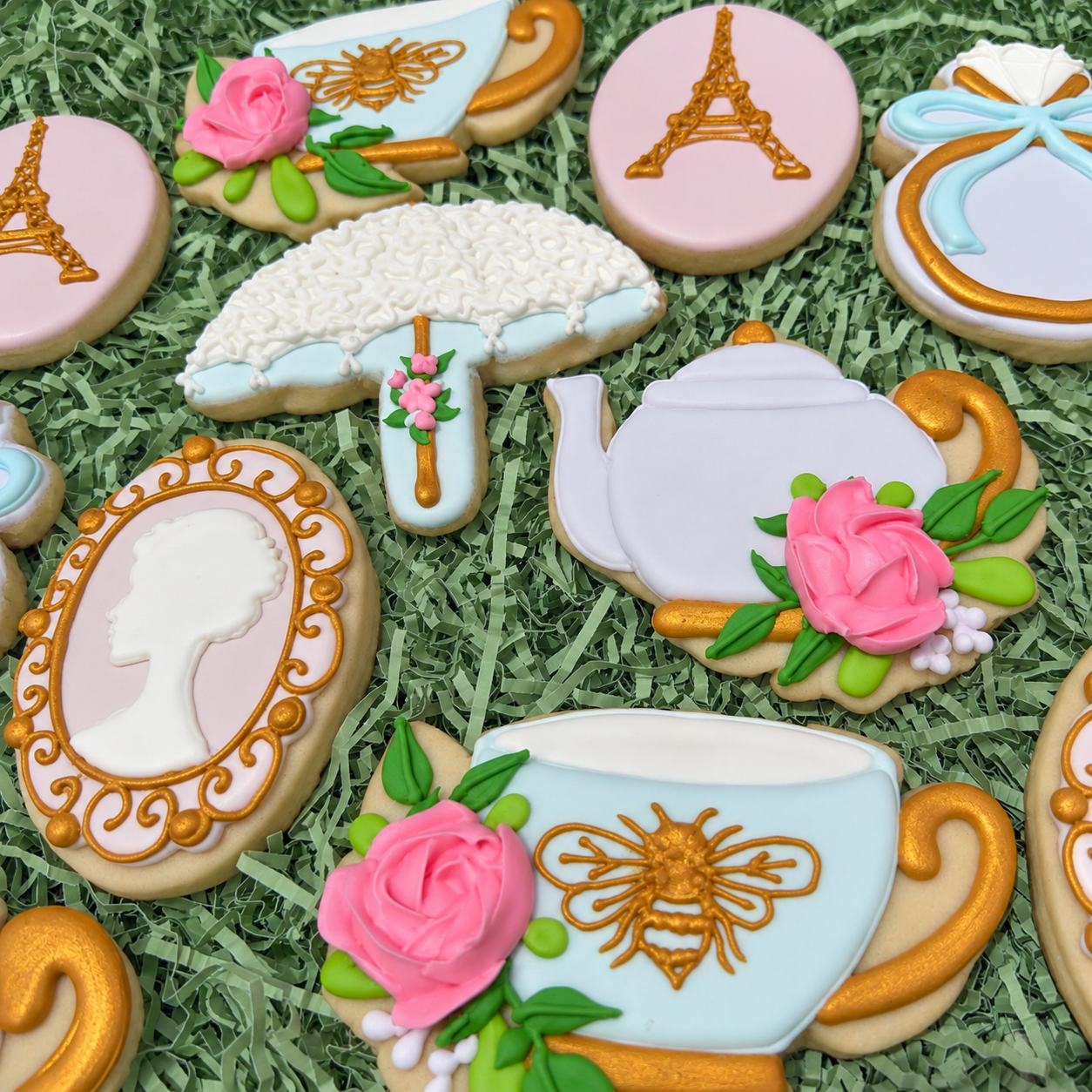Parisian tea party cookies with teacups, roses, and Eiffel Towers