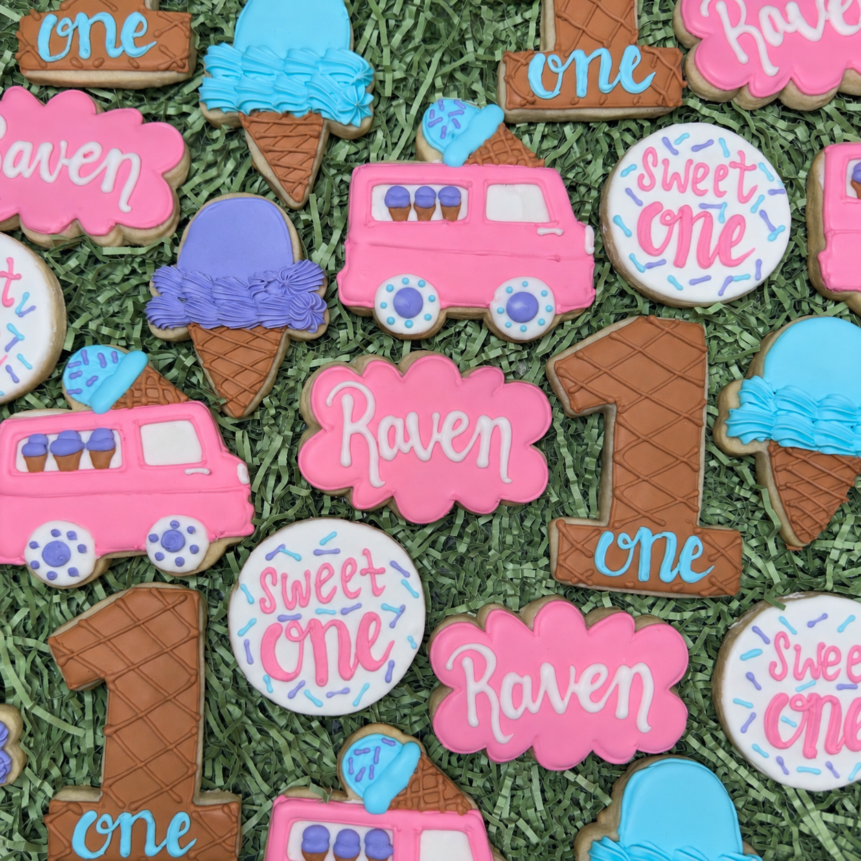 Sweet One birthday cookies with ice cream and a pink truck