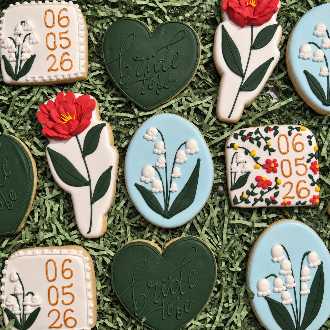 Floral celebration cookies with red roses and green hearts